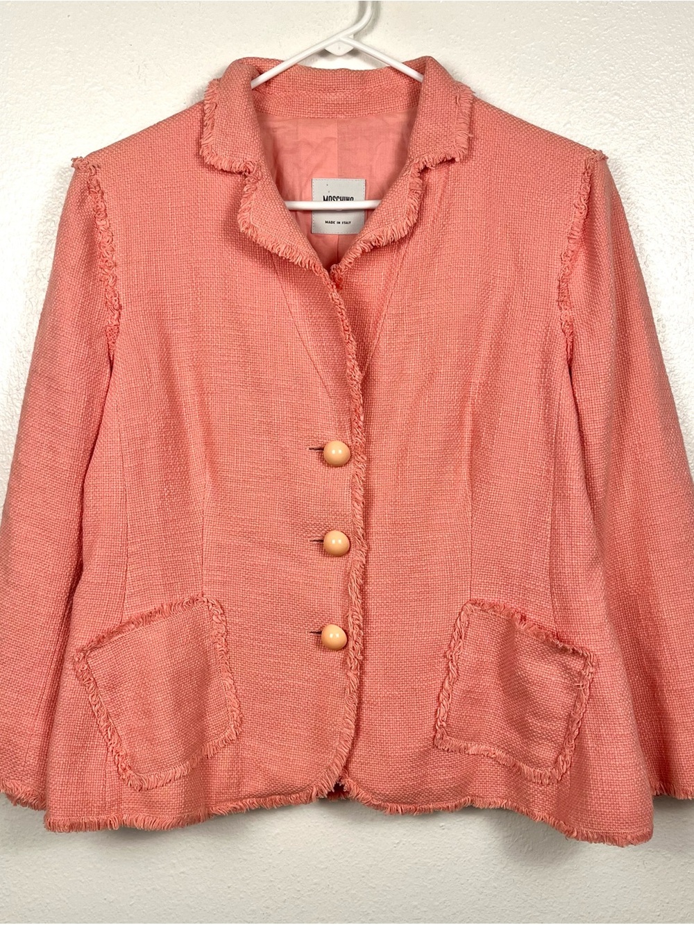 Moschino Vintage Cheap & Chic Pink Tweed Fringe Bow Blazer Jacket Size 14